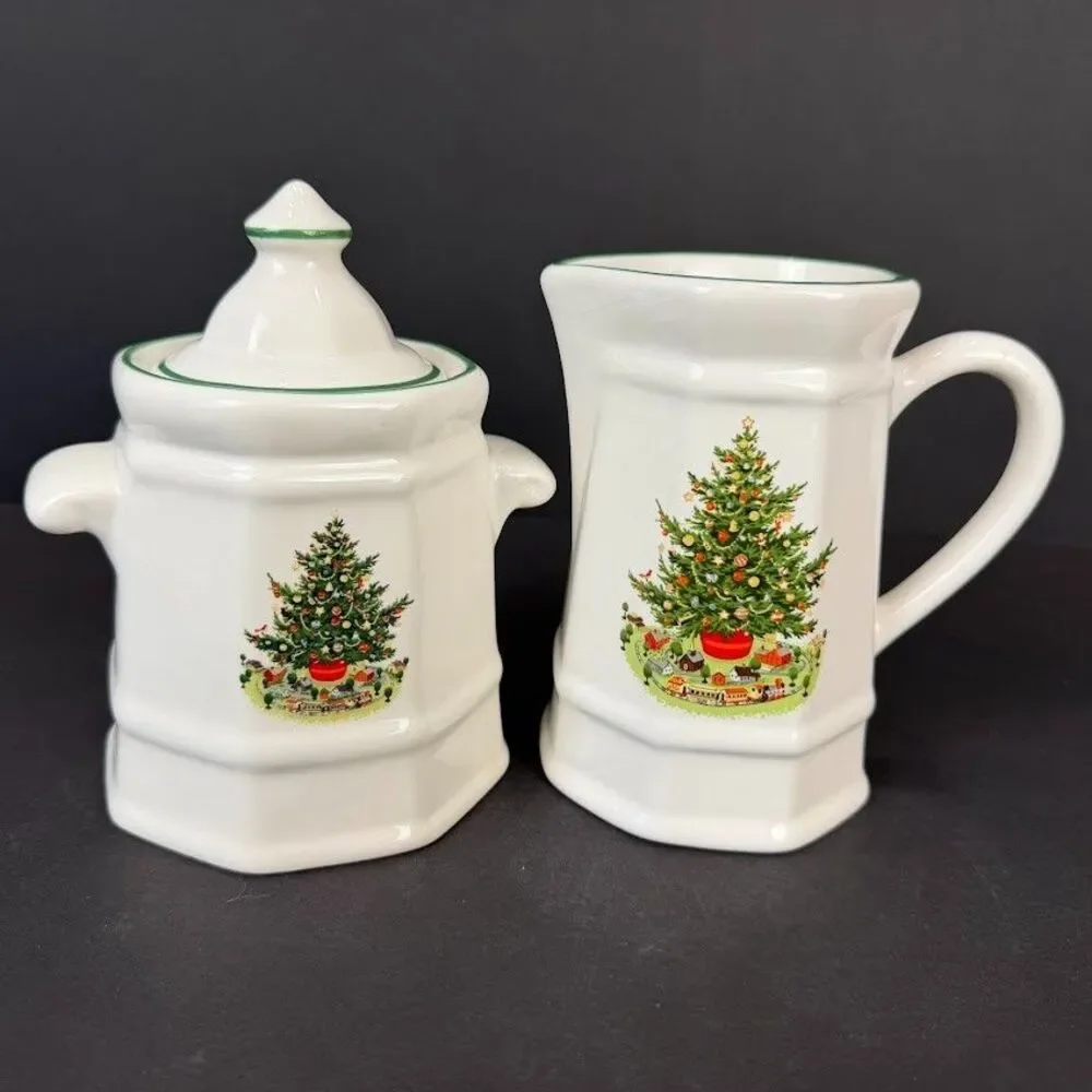 Pfaltzgraff Christmas Heritage Multisided Creamer and Lidded Sugar Bowl